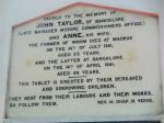 John and Anne Taylor, Memorial St Marks Cathedral Bangalore